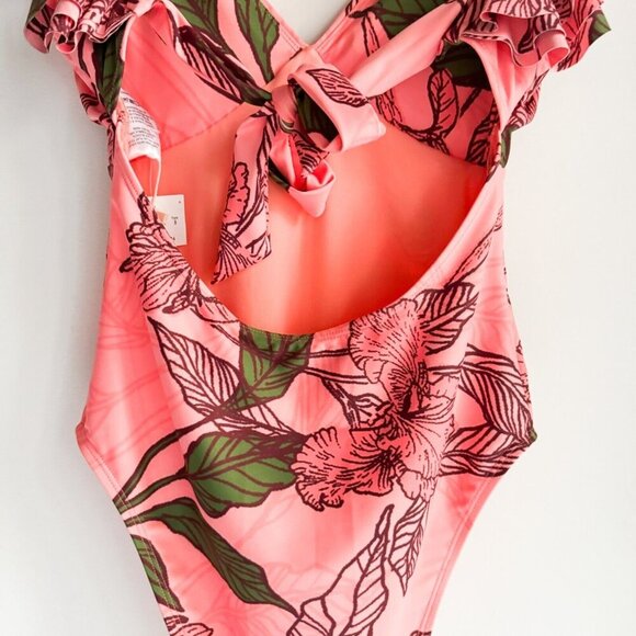 Hutch Floral Salmon Pink Ruffle Detail One Piece Swimsuit S - Picture 3 of 8